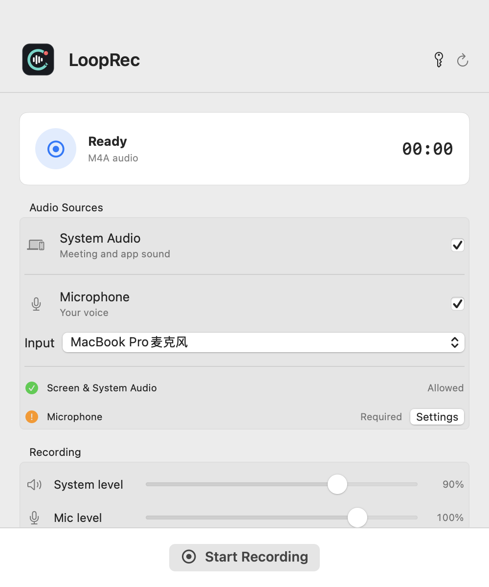 LoopRec recording window showing system and microphone audio levels